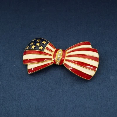 Joan Rivers Stars & Stripes Enamel Rhinestone Bowtie Brooch - Free Shipping USA - Image 1 of 4