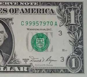 ((HIGH SERIAL #)) $1 1981 A (CHOICE CU) - FANCY SERIAL # ** PAPER CURRENCY - Picture 1 of 3