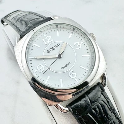 Reloj Gossip Mujer Tono Plateado Esfera Blanca Correa Cuero Negro Batería Nueva 8.5" Foto 1 de 4