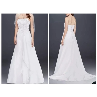 NEW David’s Bridal White Side Drape Wedding Gown Size 14W Beaded Lace Up Corset - Image 1 of 4