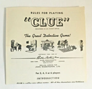 Vintage CLUE Board Game Rules For Playing 1950 Replacement Instructions Only - Picture 1 of 4