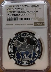 2015 SILVER 1 ounce ISLE OF MAN PF70 UCAM LONGEST REIGNING MONARCH W/COA & BOX - Picture 1 of 8