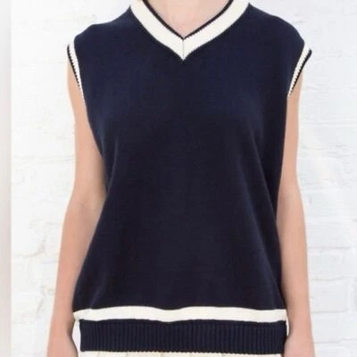 Brandy Melville Navy Preppy Tenniscore V-Neck Sweater Vest Academia Knit OS - Image 1 of 4