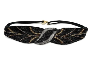 VTG Milor Beaded Women’s Fashion Belt Black Gold Silver Retro 80s Stretch - Picture 1 of 9