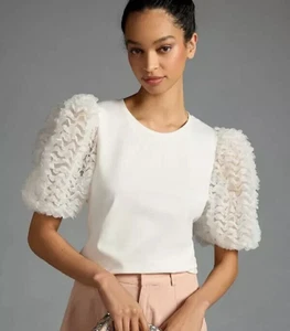 NWT Anthropologie Flat White Ruffle Balloon Sleeve Top White size L Blouse - Picture 1 of 12