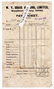 CHIRK W Y CRAIG MINE BRYNKINALT COLLIERY PAY TICKET OSWESTRY DENBIGH SHROPSHIRE - Picture 1 of 1