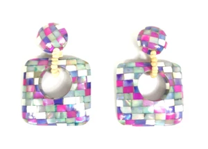 Vintage XXL Ohrclips Clips Gloria Maris Perlmut Mehrfarbig Urlaubsschmuck - Picture 1 of 7