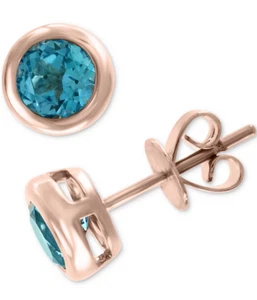 Simple & Fine Bezel Set Blue Round Topaz In 10K Rose Gold Solitaire Stud Earring - Picture 1 of 3