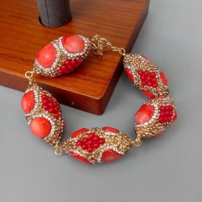 Pulsera de cuentas pavé cristal dorado coral rojo naranja 18x35 mm de moda para mujer Foto 1 de 4