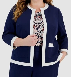 Kasper Women's Blue Contrast Trim Open-Front Blazer Jacket Plus Size 22W - Picture 1 of 3