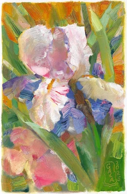 iris en fleur, tableau original 20 x 30 cm oeuvre peinture huile - Photo 1/2