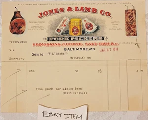 Cabezal de cartel a color 1911 Baltimore, Maryland Jones & Lamb Pork Packers - Imagen 1 de 4