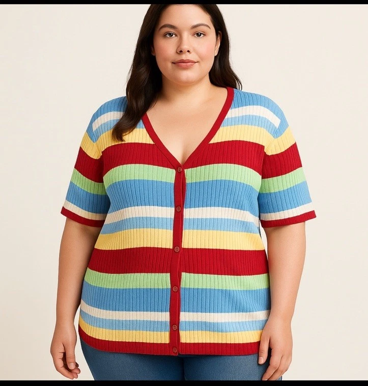 Cherokee女式条纹短袖纽扣前上衣3X成熟航海 — 第 1/4 张图片