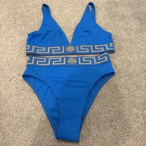 Versace Greca Border Medusa Blue/Gold Sz 4 NWT top and size 3 bottom bikini set - Picture 1 of 12