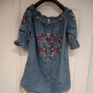 Embroidered Denim Floral Off Shoulder Tunic Long Top Size 20 - Picture 1 of 7