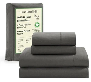 100% Organic Cotton Full Size Sheets 4 Pcs Ultra Soft Lane Linnen gray - Picture 1 of 1