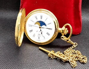 Schweizer Kaiser vergoldete Halbjäger Mondphase Taschenuhr mit Kette - Bild 1 von 7