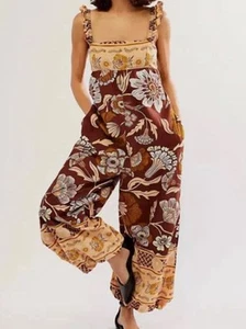 Free People Bali Albright Jumpsuit Coffee Combo XL NWT Boho Floral Wide Leg - Imagen 1 de 10