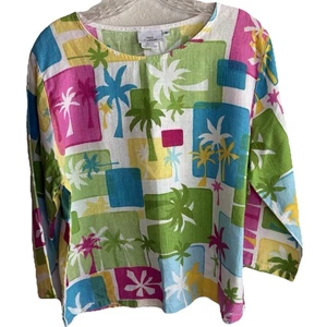 Hot Cotton Marc Ware Size M Linen Bright Tropical Print Floral Palm Top Relaxed - Picture 1 of 8