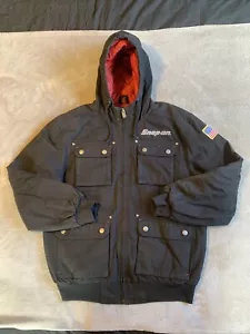 Snap On Jacket Mens Large Black Canvas Quilted Full Zip Hood Logo Flag Workwear - Picture 1 of 16