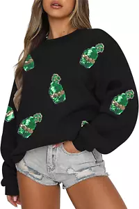 Women St Patricks Day Sweatshirts Sequin Lucky Clover Sweater Shamrock Shirts Ca - Picture 1 of 15
