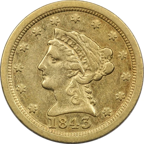 1843-O Large Date Liberty $2.50 Gold Quarter Eagle, Very Fine VF+ Cover