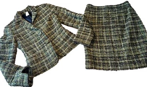 60 Vintage J. Crew Boucle Blazer Pencil Skirt Suit Set Tweed Green Plaid 0 - Picture 1 of 16