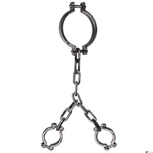 Chain Shackles w Neck & Hand Cuffs 29" Halloween Decoration Prop, Black Silver - Picture 1 of 4