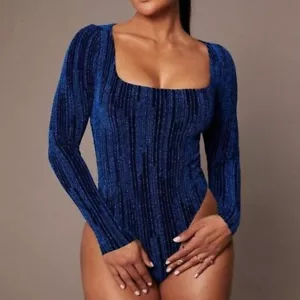 Shimmering Long-Sleeve Square-Neck Bodysuit In Sparkling Blue Stretch Fabric For - Picture 1 of 16