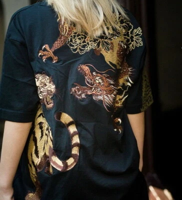 Mens T-Shirt Japanese Pattern Embroidery Dragon Tiger Tattoo Totem Ukiyoe Unisex - Image 1 of 4