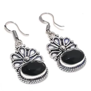 Black Spinel Gemstone Handmade 925 Sterling Silver Jewelry Earring Size 1.5" - Picture 1 of 1