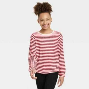 Cat & Jack Girls' Size XXL (18) Red & White Stripped Pullover T-Shirt - Soft NEW - Picture 1 of 4