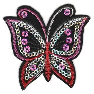 SCHMETTERLING Fuchsia & Silber Pailletten Bügelbild bestickt Patch - Bild 1 von 2