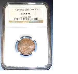 1913 VBP GJ Denmark 2 Ore NGC MS63 BN Key Date 373k Mintage Danish KM-813.1 Coin - Picture 1 of 4