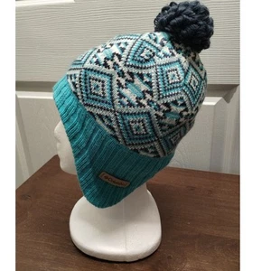 Columbia Youth One Size Peruvian Beanie Ear Flap Blue Aztec Knit Pom Pom Cap - Picture 1 of 8