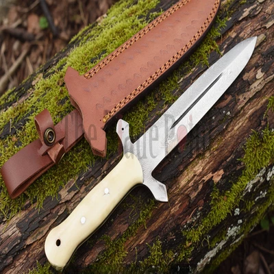 Custom Handmade Damascus Etch Hunting Knife | Camping Survival Knife Bone Handle - Image 1 of 4