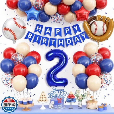 Decoraciones de 2º Cumpleaños para Niños Béisbol, Azul Marino Rojo Desnudo Globos Fiesta  Foto 1 de 4