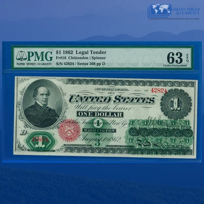 Fr.16 1862 $1 One Dollar Legal Tender Note, Strong Color, PMG CU 63 EPQ #42824 - Image 1 of 3