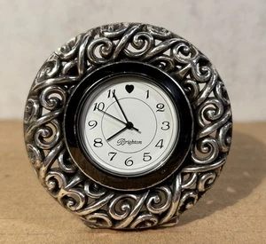 Brighton 2.5" Travel Accent Clock Silvertone Scrolls New Battery Gift Works - Picture 1 of 6
