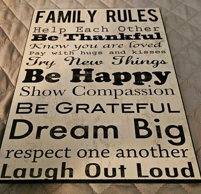 Letrero colgante de pared inspirador Family Rules Laugh Out Loud Dream Happy Thank Foto 1 de 2