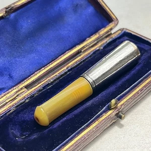 Antique European cheroot cigar cigarette holder silver, amberine & original case - Picture 1 of 15