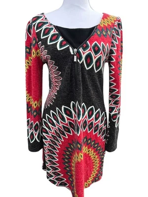 Aryeh Sweater Dress Women's MEDIUM Boho Geometric Mini Zip Front Long Sleeve - Image 1 of 4