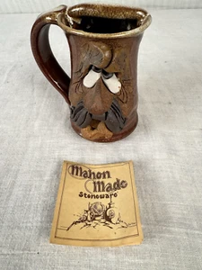 Vintage Ugly Funny 3D Face Mug MMS Mahon Stoneware Pottery Mustache Man with Tag - Picture 1 of 9