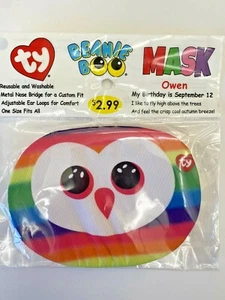 2020 TY Beanie Boo Children Face Mask Covering Reusable Washable Owen the Owl - Picture 1 of 2