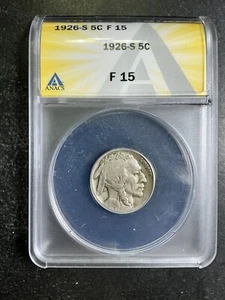 ANACS F15 1926-S Buffalo Nickel 5c Key San Francisco Date Coin 11 - Picture 1 of 2