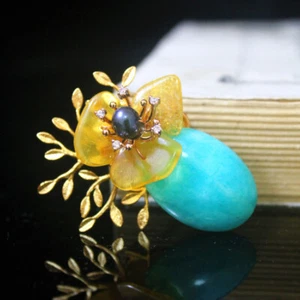 D13 Fiore Di Ambra Sur Amazonite Scuro Perla Pendente Spilla - Imagen 1 de 3