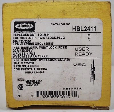 Hubbell HBL2411 3 Pole 4 Wire 20 A 125/250 V Male Locking Plug - Изображение 1 из 3