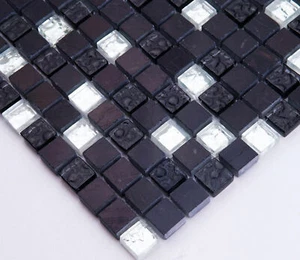 WUNDERSCHÖNE 30x30cm MOSAIK FLIESE GLAS NATURSTEIN SCHWARZ GRAU 15x15mm 8mm BO5 - Picture 1 of 1