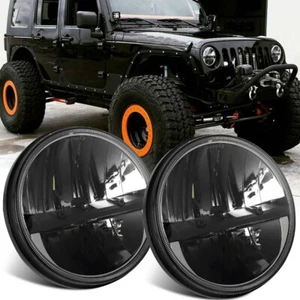 Black Pair 7" Round LED Headlights Hi/Lo Beam H4 For Jeep Wrangler JK TJ LJ CJ - Picture 1 of 15