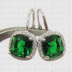 3.71Ct Cushion Cut Natural Emerald & Diamond Drop Earring 14K White Gold Plated - Picture 1 of 9